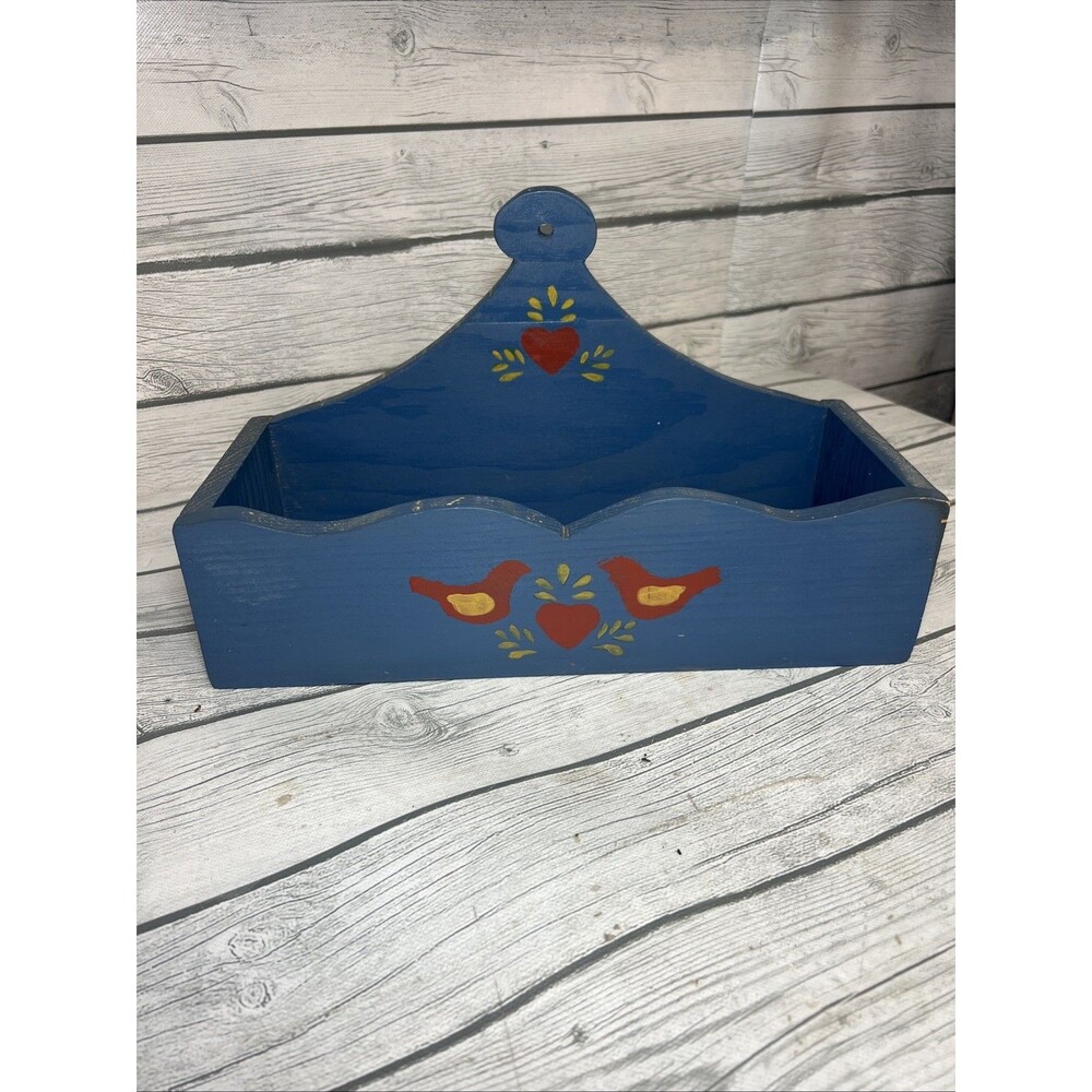 Vintage Wooden Salt Box/Mail Holder Wall Blue Heart Bird Primitive Cottage